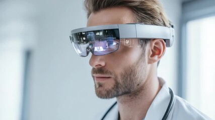A young male doctor wears futuristic augmented reality smart glasses in a modern medical facility. Advanced technology enhances healthcare diagnostics and patient care in this innovative setting - Powered by Adobe