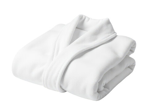 A clean and simple image of a white bathrobe folded up against a plain white background