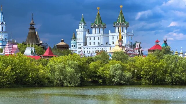 Russian traditional architecture, the Kremlin in Izmailovo, on the shore of a pond, Moscow. The architectural ensemble is stylized under Russian architecture of the 16-17 centuries. Gingerbread houses