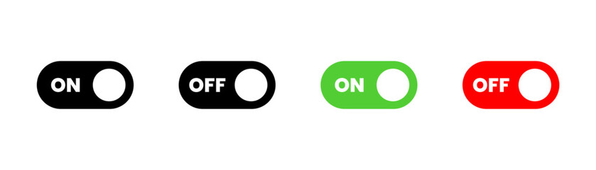 Toggle switch icons in black green and red, On Off Button Set, User Interface Slider Controls, Settings Toggle Graphic, Mobile App Switch Element, Vector illustration.
