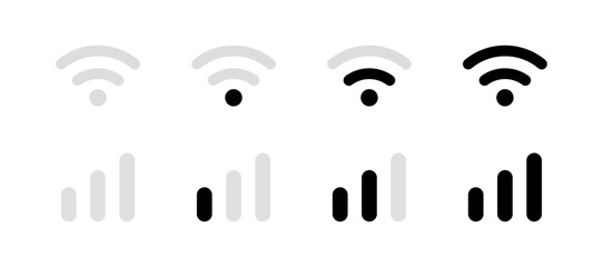Wifi and mobile signal strength icons in black and white, Network Connection Symbol Set, Wireless Reception Level Graphic, Internet Status UI Element, Connectivity Bars Vector, Vector illustration.
