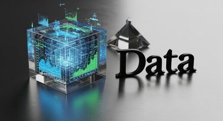 Futuristic Transparent Cube Projecting 3D Holographic Analytics Graphs with Wooden Data Word and Crystal Pyramid - High Tech Business Concept