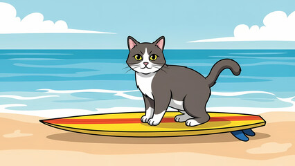 Gray and white cartoon cat standing on a yellow surfboard at the beach for a summer vacation concept and playful animal adventure