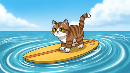 Cute cartoon tabby cat balancing on a surfboard in the calm blue ocean under a clear sky for a unique summer adventure concept and playful journey