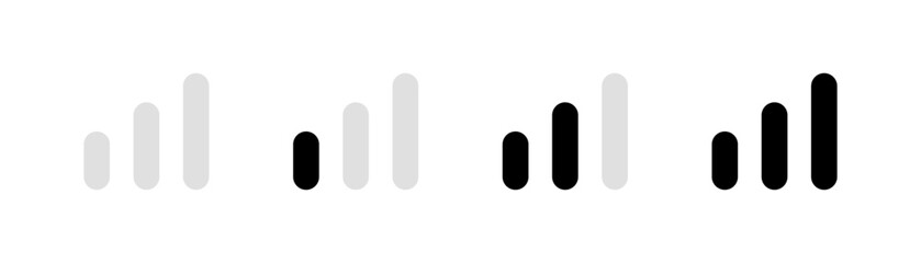 Signal strength indicator icons in black and white, Mobile Network Bars, Wifi Connection Symbol, Reception Level Graphic, Connectivity UI Element, Vector illustration.