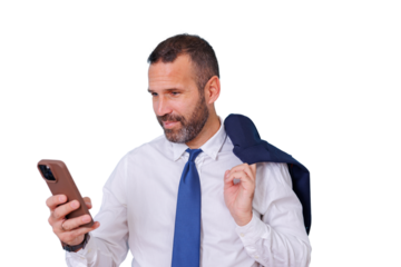 Professional man smiling, using mobile phone for communication and business, standing on transparent background