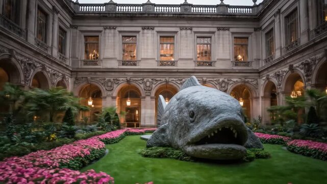 A grand courtyard with a large stone fish sculpture on a lawn, surrounded by lush flowers and ornate architecture
