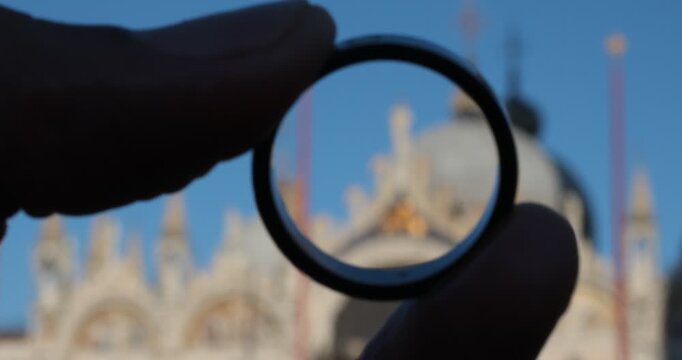 Wedding Ring Framing St Mark&rsquo;s Basilica in Venice, Italy. Creative view of St Mark&rsquo;s Basilica in Venice ,marriage, love and honeymoon memories in the historic Piazza San Marco.