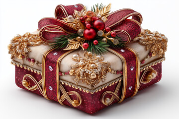 Square Christmas gift box, wrapped in red glittering paper and decorated with redr-and-gold ribbon with bow and ornament beads.