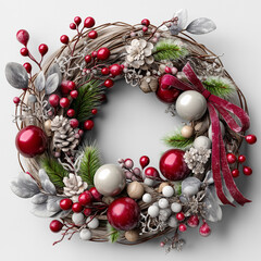 Christmas wreath with fir branches, ornament, bow, flower and berries, on white background.