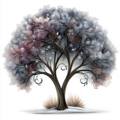 Winter landscape with tree with snow on branches, on white background.