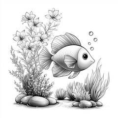 Black and white line-art illustration, designed for a coloring book, depicting a vibrant underwater world.