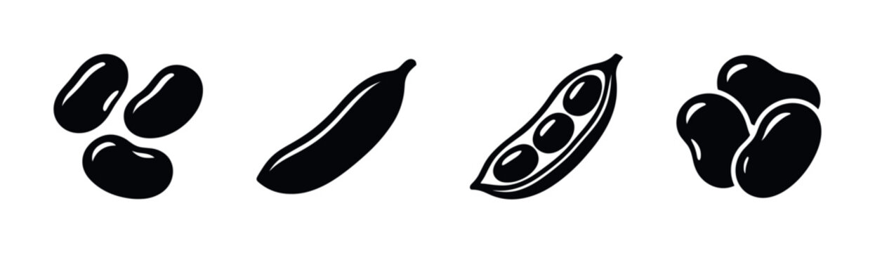 Legume collection, flat vector illustration of beans and peas, black silhouette style