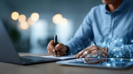 Business professional signing digital documents at a modern office desk, utilizing advanced technology and electronic devices. Futuristic network connections symbolize innovation and efficiency - Powered by Adobe
