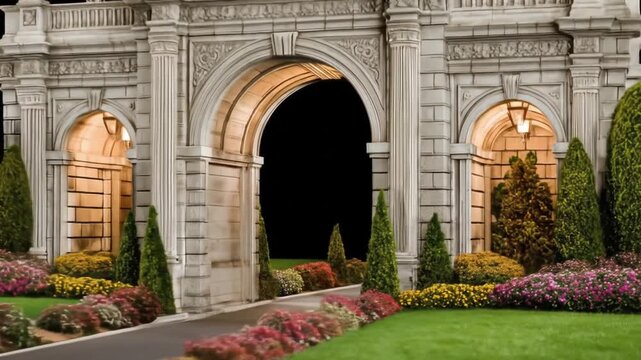 Formal garden and archway with lush flowers, trees, and path leading to a dark opening