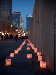 Night scene shows glowing luminaries aligned along a concrete barrier with city skyline