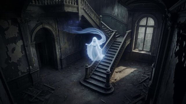 White translucent female ghost appearing in decaying mansion. Spectral figure materializing near grand wooden staircase.