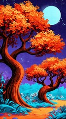 Nighttime digital artwork showcasing two vibrant orange trees against a starry blue sky and full moon