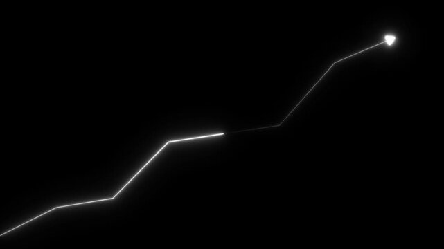 White Neon Graph Line with Arrow on Black Background. Market Recovery Concept. Successful growth trend blue line graph going Up.