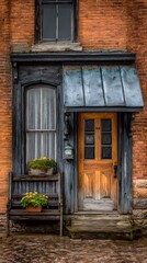 Old weathered entry with door and window framed by aged brick and a small bench