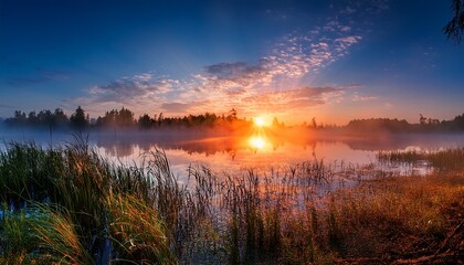 Obraz premium Beautiful Red Dawn On The Lake The Rays Of The Sun Through The Fog The Blue Sky Over The Lake The Morning Comes The Sky Is Reflected In The Water