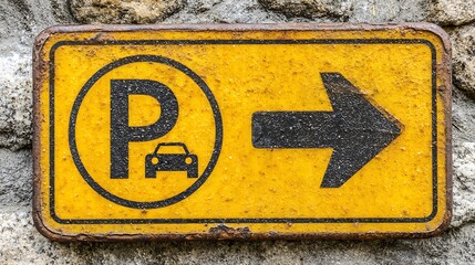Old, weathered yellow parking sign with the letter "P", car icon and right-pointing arrow