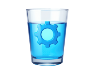 A glass containing blue liquid with a gear symbol, suitable for illustrations about science, technology, or industry