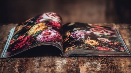 Open book on a wooden surface, showcasing vibrant, colorful floral photography