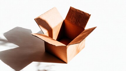 Open, empty cardboard box casting a shadow on a white surface, top-down perspective