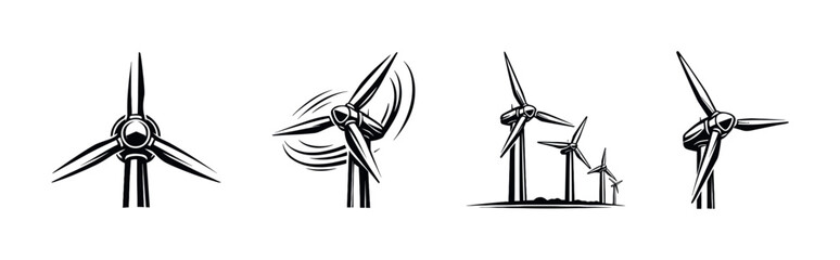 Fototapeta premium Wind turbine collection, renewable energy, black and white, flat vector illustration