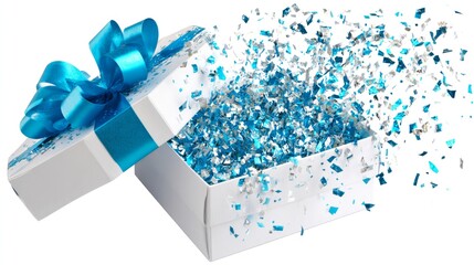 Open gift box with vibrant blue ribbon, confetti, on white background