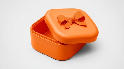 Open orange gift box with bow, presented on white background. Illustration of present and opening