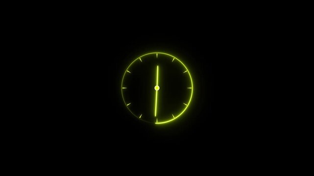 Neon yellow clock face with hands at time digital. Clock icon neon light 24 Hour Day Fast Speed.