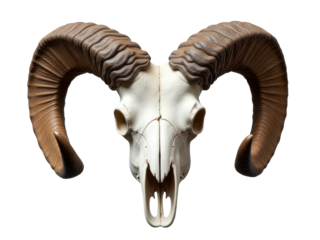 A close-up of a ram's skull with distinctive long horns, set against a clean white background
