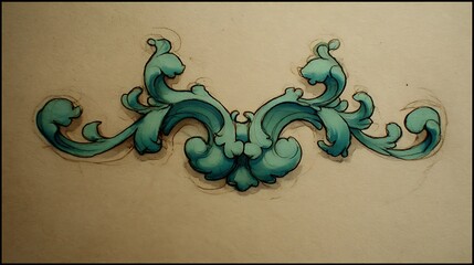 Ornamental, stylized illustration with flowing, turquoise shapes on aged paper