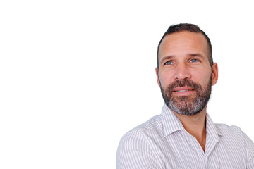 Fototapeta premium Man with beard and blue eyes looking away, thinking about future, transparent background cutout