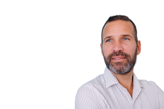 Man with beard and blue eyes looking away, thinking about future, transparent background cutout - Powered by Adobe