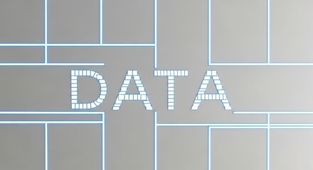 Conceptual Data Word Formed by Negative Space in Clean White Matrix with Glowing Blue Lines - High Key Digital Information Structure Concept