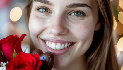 Young Woman with Chocolate Heart and Red Roses &mdash; Valentine Portrait