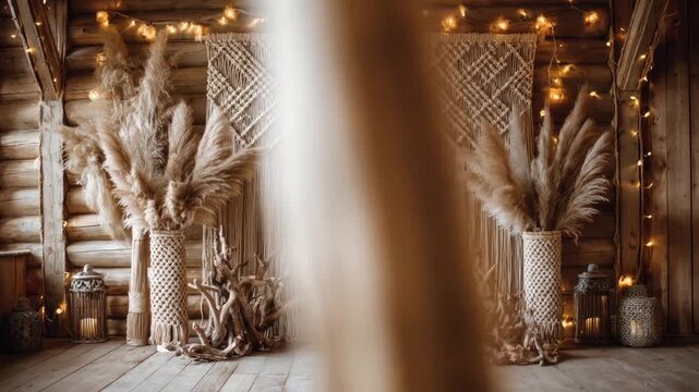 A rustic wooden interior displays pampas, a macrame wall hanging, fairy lights, and driftwood
