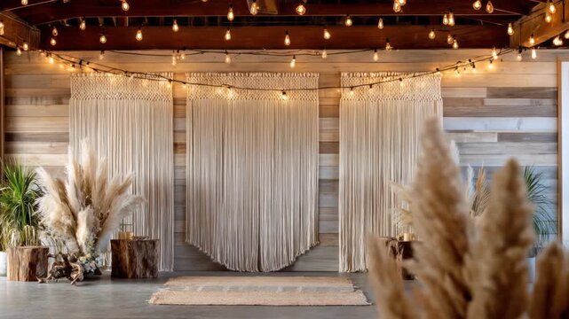 A rustic venue featuring macrame wall hangings, lights, wood accents, pampas grass, and rugs