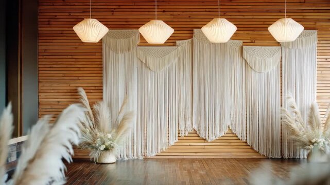 A cozy interior with wooden walls, hanging lamps, macrame, and decorative floral arrangements