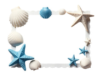 Obraz premium A decorative frame filled with sea shells and starfish, great for coastal or ocean-themed settings