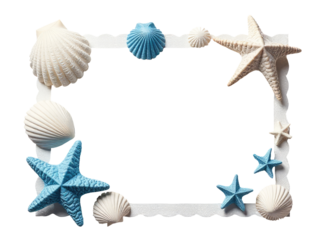 A decorative frame filled with sea shells and starfish, great for coastal or ocean-themed settings