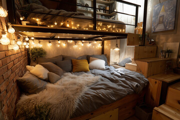 Cozy bedroom with fairy lights and warm decor in soft evening glow