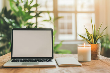 Creative workspace with laptop, candle, and greenery in cozy light