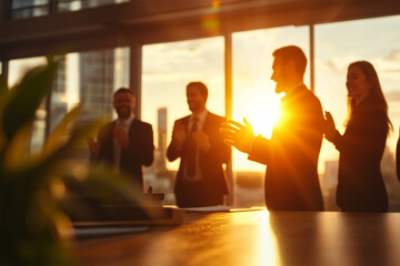 Applause fills the room as sunset lights up a business meeting