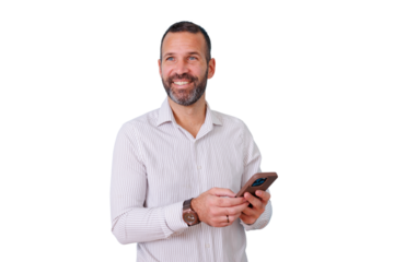 Happy man engaging with smartphone on transparent background, enjoying digital communication and modern technology