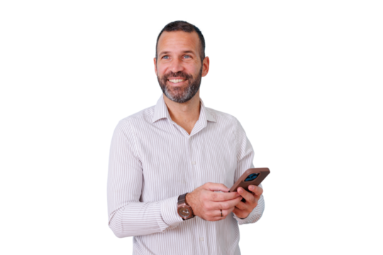 Happy man engaging with smartphone on transparent background, enjoying digital communication and modern technology - Powered by Adobe