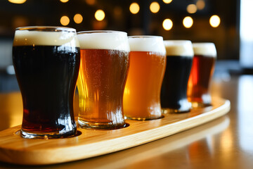 Craft beers lined up for tasting in a cozy brewery setting